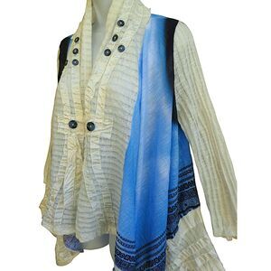 Aris A. Lagenlook Pleated Asymmetrical Draped Cardigan Jacket Blue White Artsy M